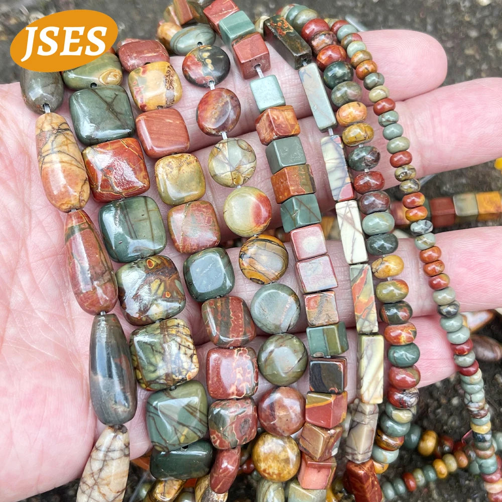 Natural Stone Picasso Jasper Tubular Rondelle Square Beads for Jewelry Making Bracelet Necklace DIY Accessories Strand Beads