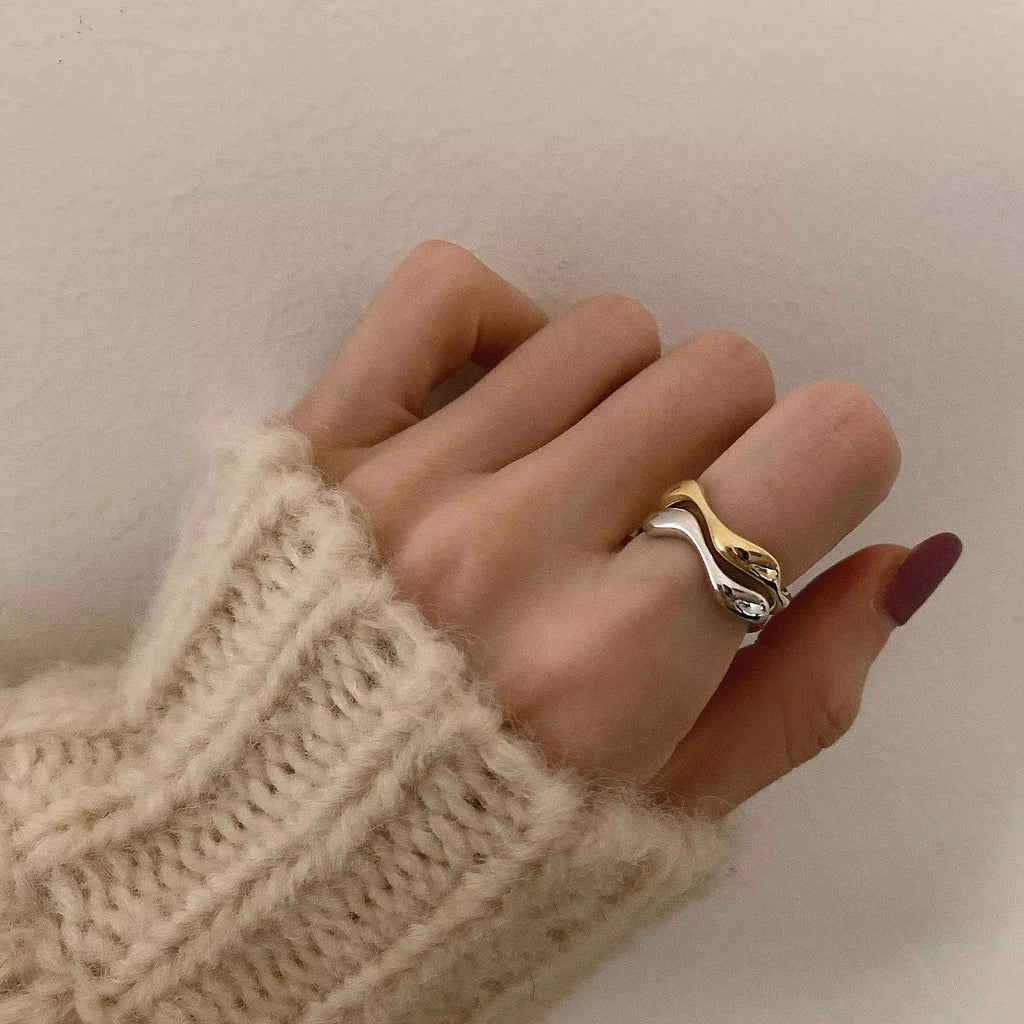 Sterling Silver Irregular Design Wave Golden Stackable Finger Rings Trendy Adjustable For Women Gifts Dropshipping