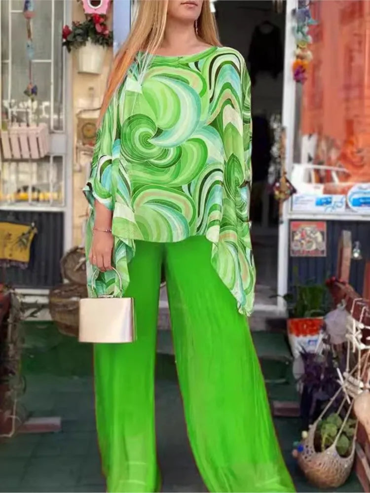 Women's Chiffon 3/4 Sleeve Long Pants Set Casual Round Neck Printed Two Piece Set For Women