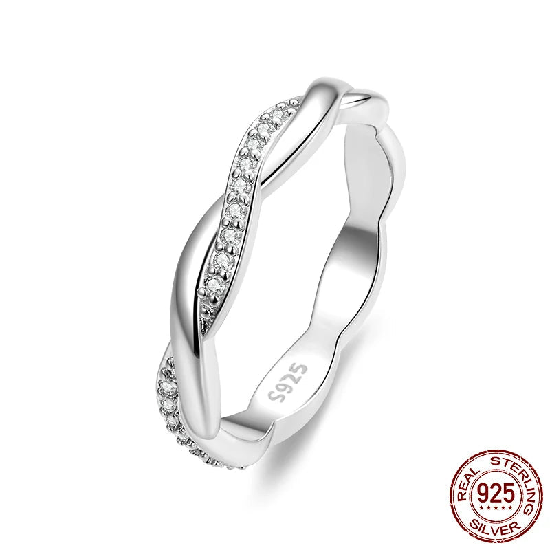 BAMOER Real 100% 925 Sterling Silver Simple Twisted Ring for Women Crystal Dazzling Love Wedding Jewelry Engagement Fine Jewelry
