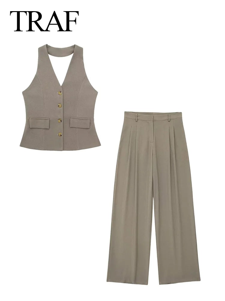 2 Piece Set Halter Neck Single-Breasted Pocket Sleeveless Halter Vest Tops+High Waist Zipper Pockets Wide Leg Pant