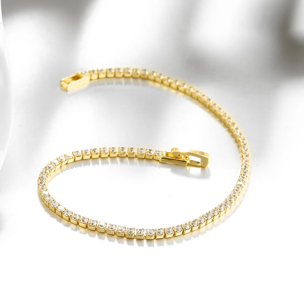 Pure 925 Silver Jewelry 2MM Tennis Bracelet 16-19CM Zirconia 18K Gold Anniversary Gift Real Sterling Silver Bracelet