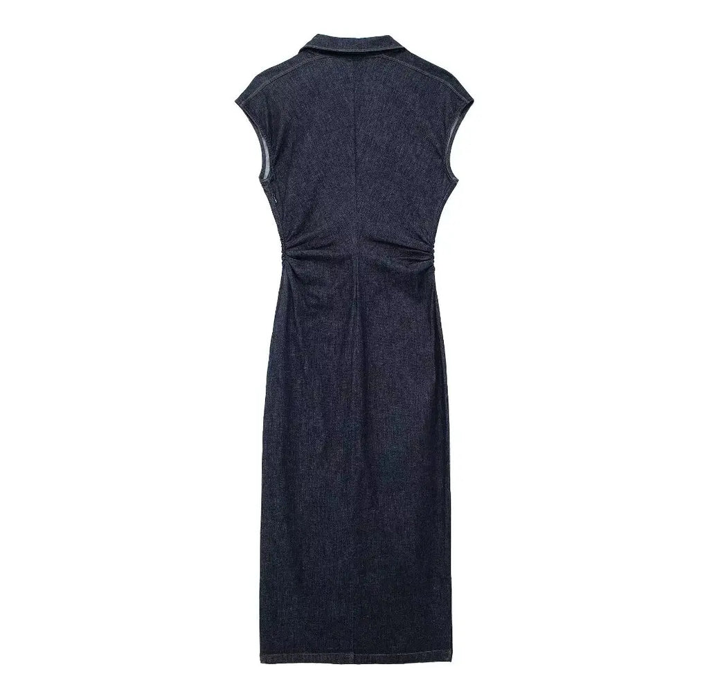 Sleeveless Denim Long Dress Women Bodycon Tank Midi Dress Woman Summer Ruched Button Up Casual Dresses For Lady 2024