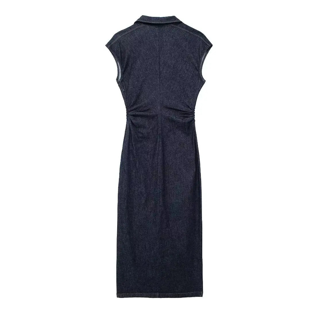Sleeveless Denim Long Dress Women Bodycon Tank Midi Dress Woman Summer Ruched Button Up Casual Dresses For Lady 2024