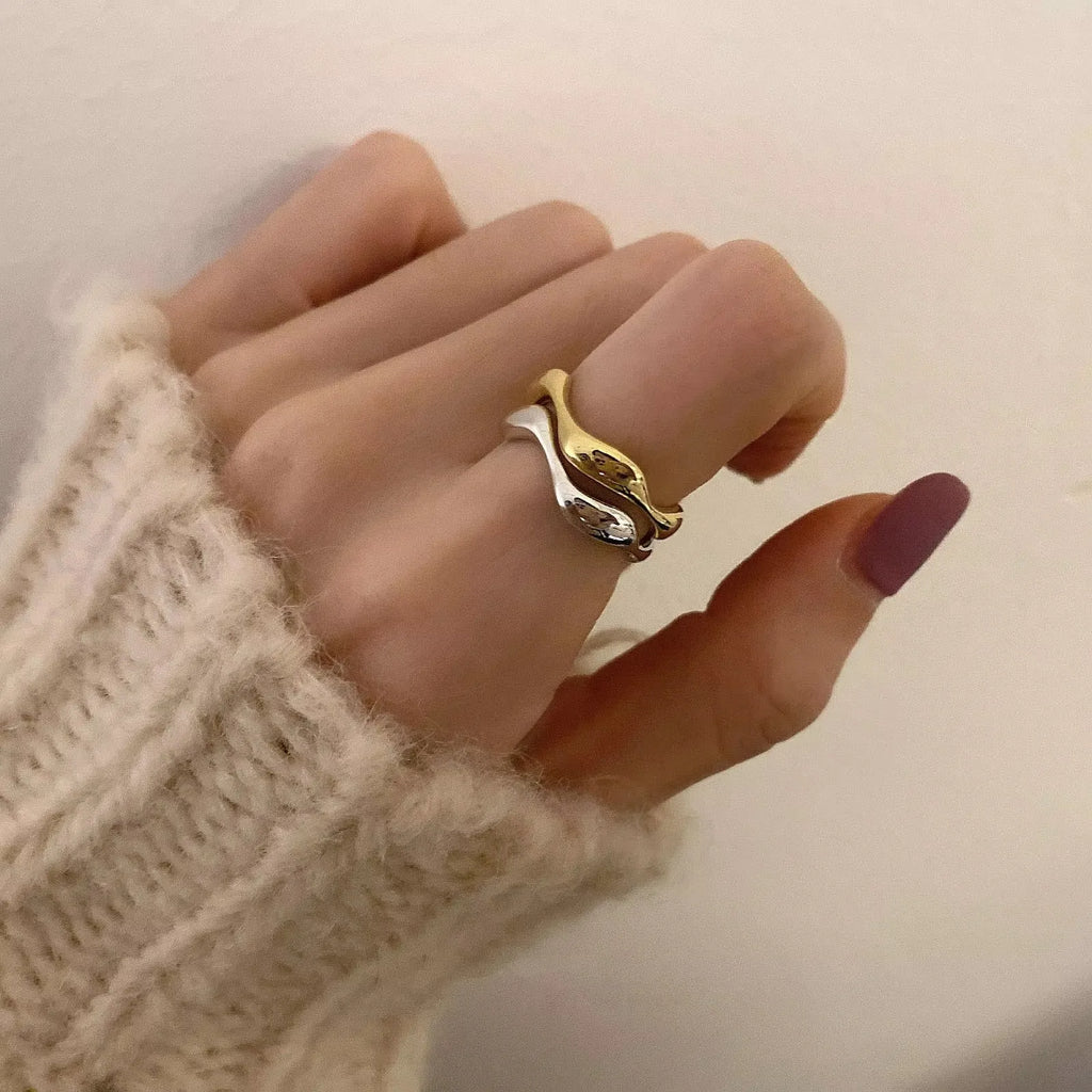 Sterling Silver Irregular Design Wave Golden Stackable Finger Rings Trendy Adjustable For Women Gifts Dropshipping