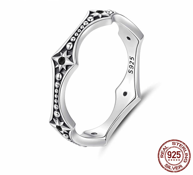 Solid 925 Sterling Silver Vintage Start Beaded Ring With Black Zircon, Black Unique Gothic Wavy Rings Jewelry Punk Gift