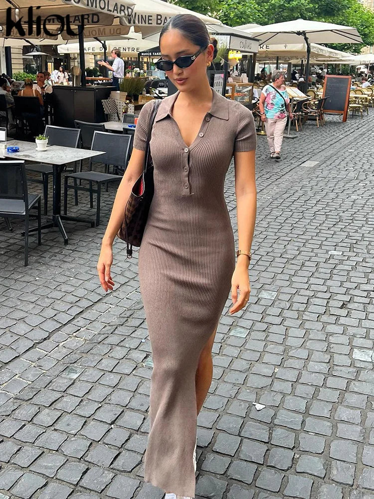 Maxi Dress Women Solid Fashion Turn-down Collar Short Sleeve Button Side Slit Body-Shaping Street Robe