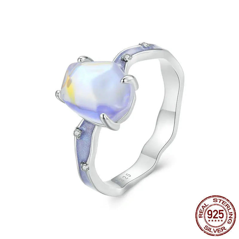 Bamoer Solid 925 Sterling Silver Purple Stone Aurora Ring Wave Band Ring for Women Party Fine Jewelry Gift