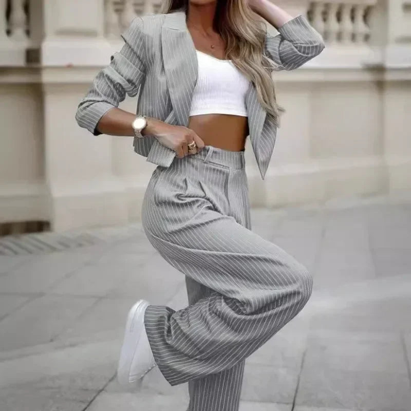 Casual Striped 2 piece Suits Women Outfits Summer Short Style Lapel Suit Trousers Stripe Blazer Coats Straight-Leg Pants Suit