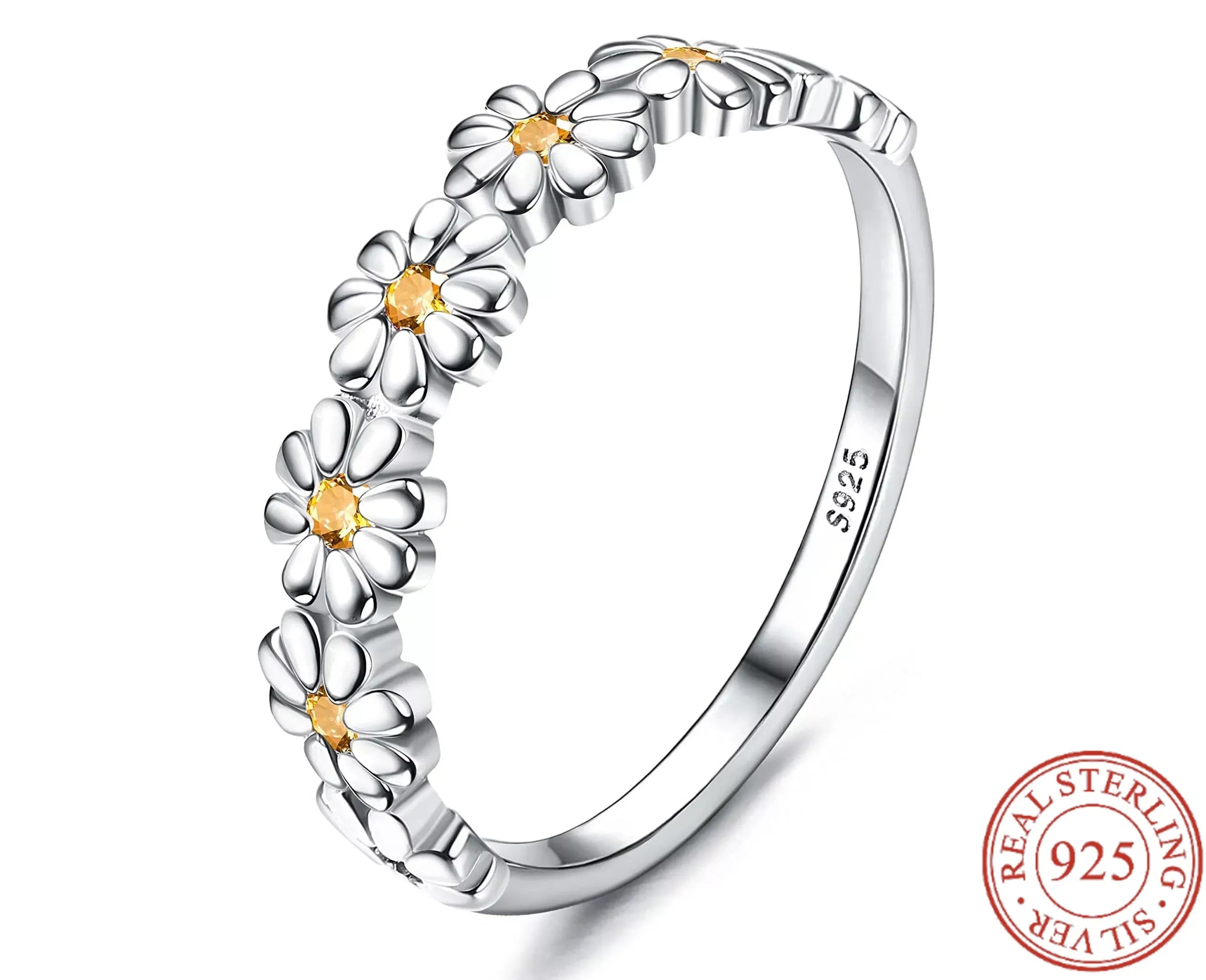 Fansilver Wedding Ring S925 Sterling Silver Daisy Ring for Women Girls Flower Colorful Cubic Zirconia Statement Wedding Rings
