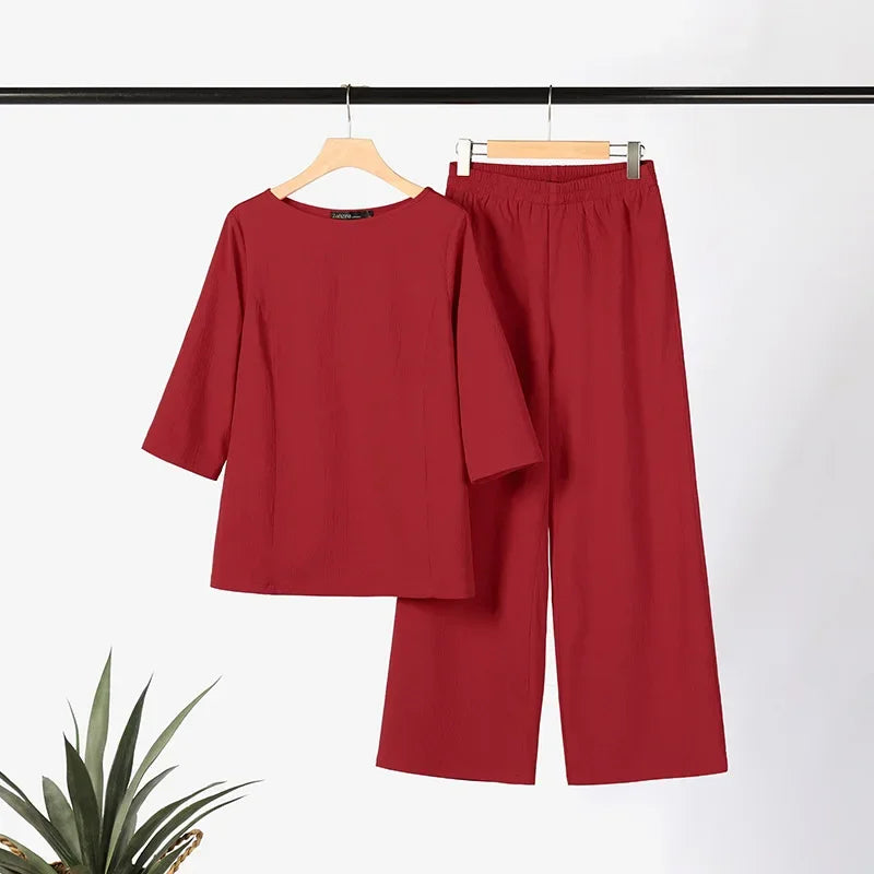 2023 Plus Size Women's Clothing Solid Color Cotton Linen Casual Long Sleeve Loose-Fit Vintage Pants Suit From China