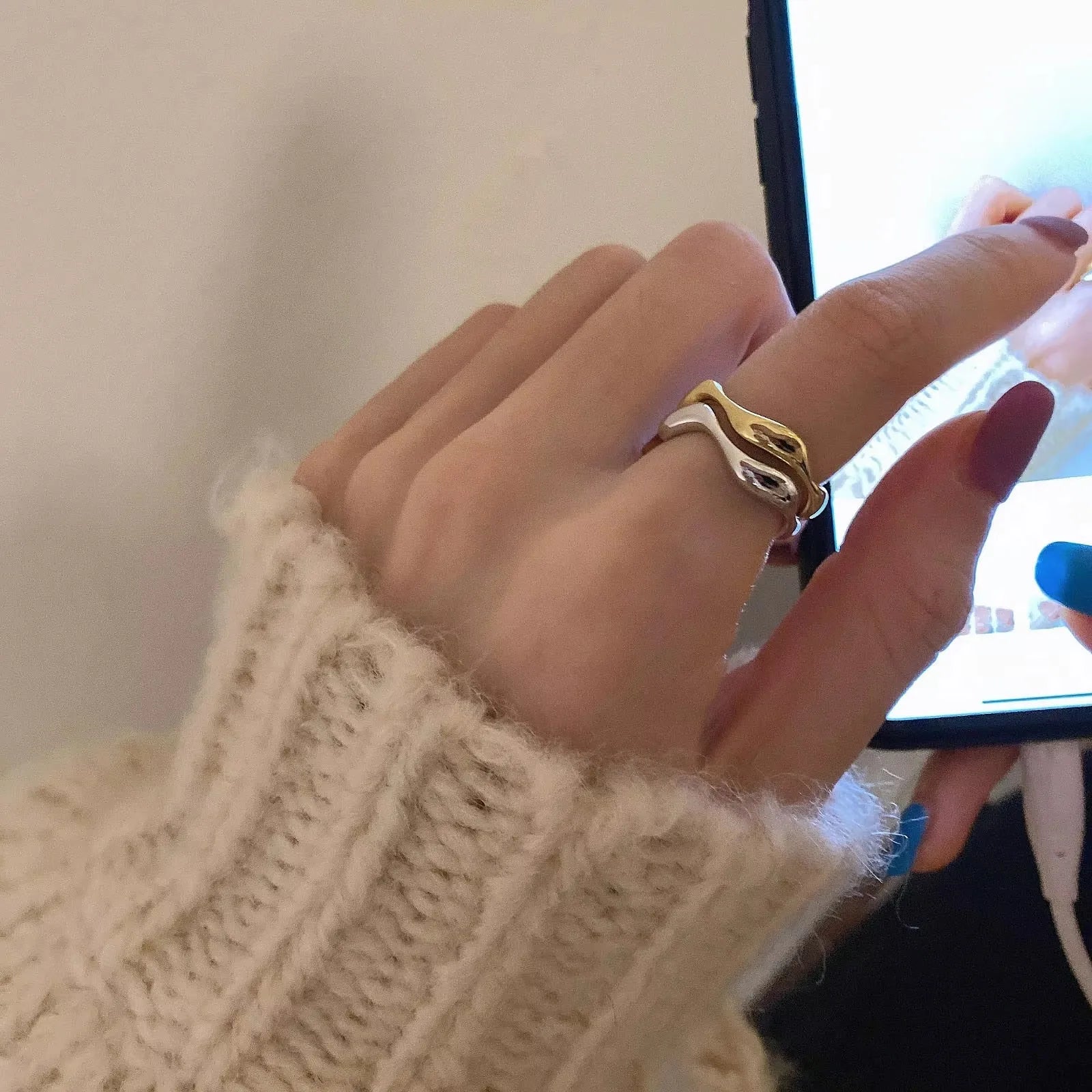 Sterling Silver Irregular Design Wave Golden Stackable Finger Rings Trendy Adjustable For Women Gifts Dropshipping