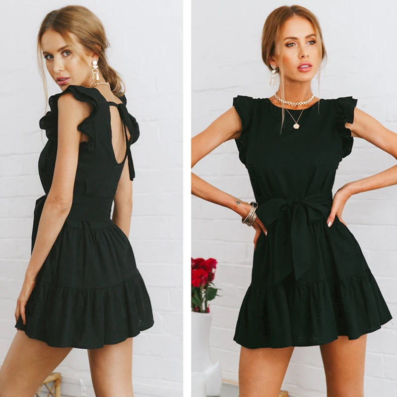 Sexy Mini Dress For Women Summer Solid Sleeveless Round Neck Black Navy Blue Ruffles Dress