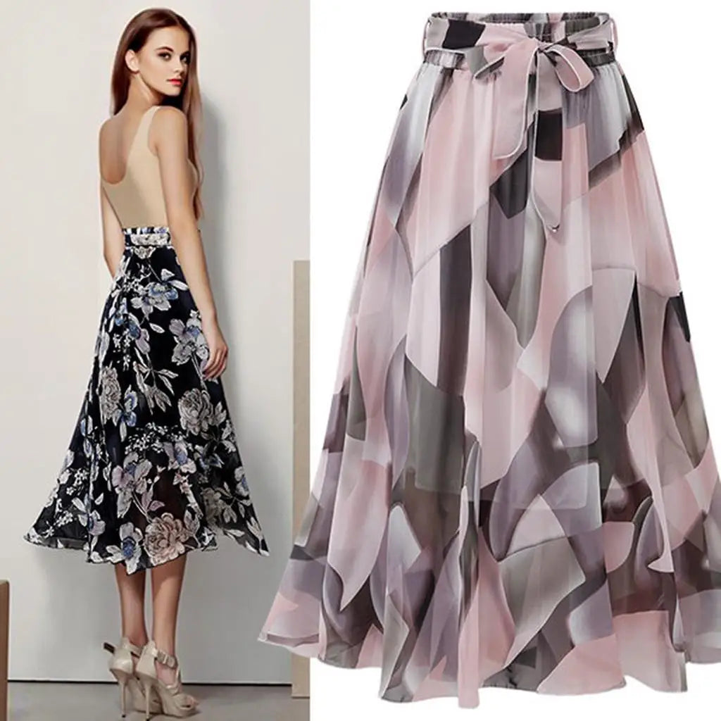 Womens Plain Knee Length Soft Stretch Flared Printed Skater Midi Skirt Floral stripe Boho