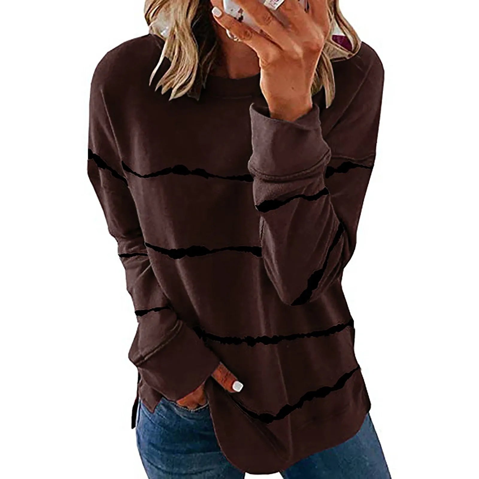 Women's Pullover Jogging top Sweatshirt Fashion Casual Contrast Striped Long Sleeve Top Pullover Sweatshir