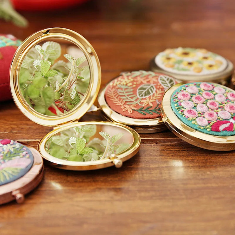 DIY Floral Embroidery Round Makeup Mirror Needlework Cross Stitch Kit Mini Mirror Double-Sided Mirror Material with 9.5cm hoop