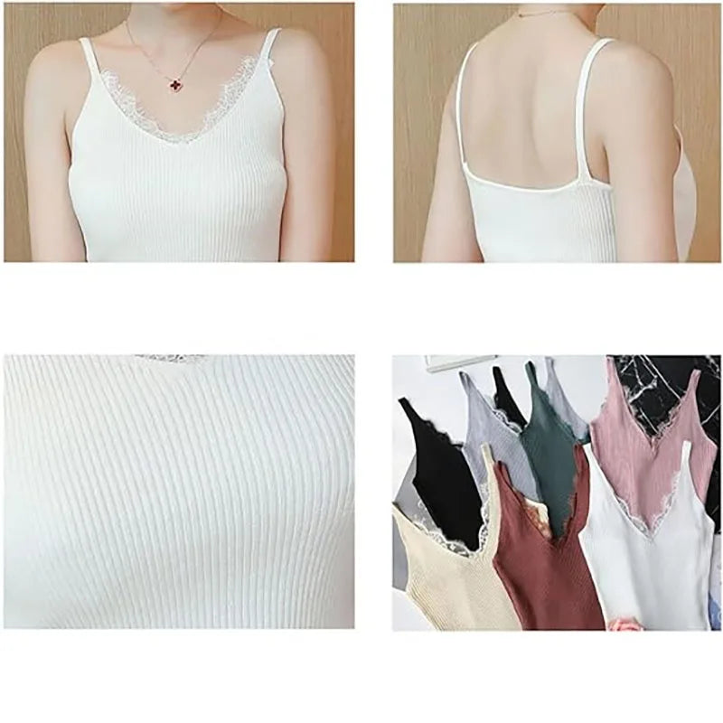 1Pc Women's Vest Lace Top V-neck Solid Knit Tank Ladies Sleeveless Fashion Lace Patchwork Slim Sexy Suspenders Summer
