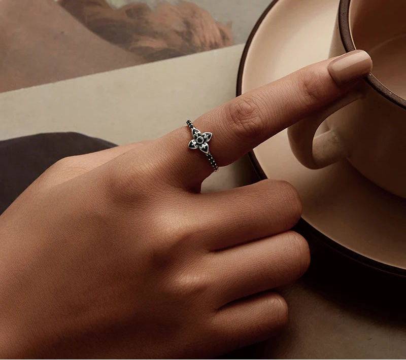 BAMOER Genuine 925 Sterling Silver Nightfall Flower Finger Ring for Women Luxury Silver Ring Fine Jewelry Birthday Gift
