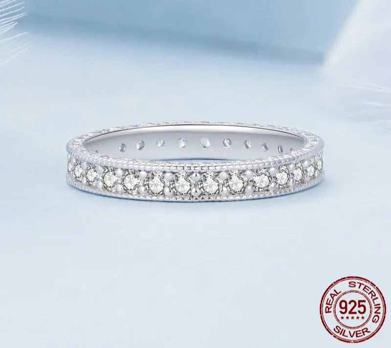 Bamoer 925 Sterling Silver Classic Zircon Engagement Band Promise Bridal Ring Fine Jewelry Gift for Women BSR462