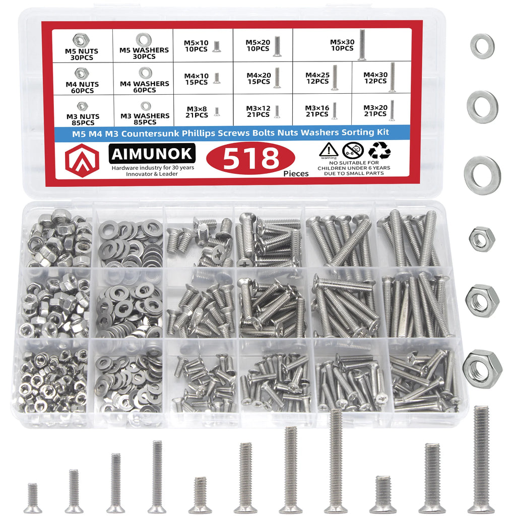 518pcs countersunk Head Screws with Nose Screw Set M3 M4 M5 Screw & nut 304 Stainless Steel Cross countersunk Head Screws