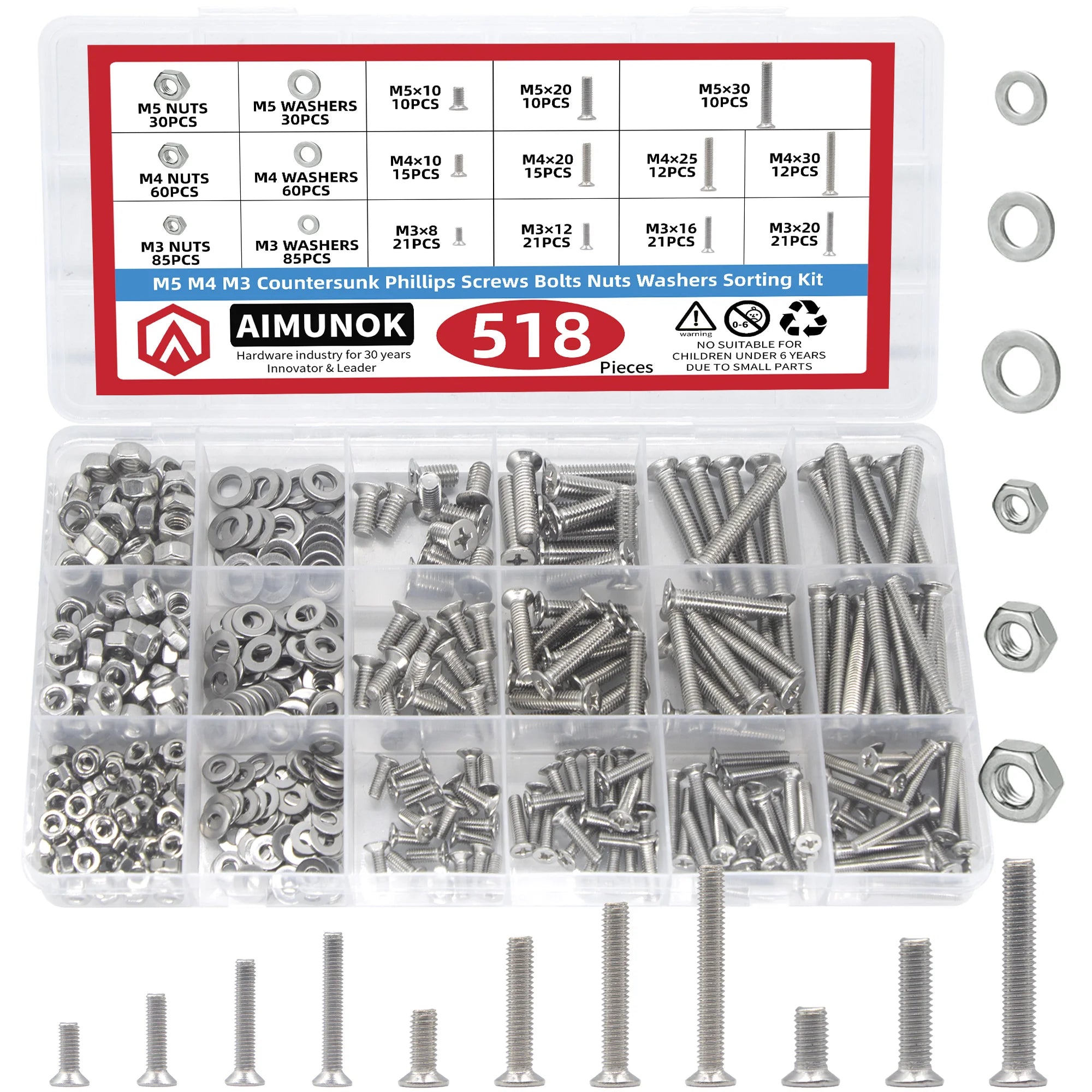 518pcs countersunk Head Screws with Nose Screw Set M3 M4 M5 Screw & nut 304 Stainless Steel Cross countersunk Head Screws
