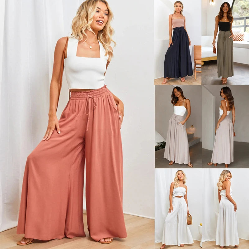 Women's Wide  Leg Trouser Pants With Elastic Waistband no iron easy dry