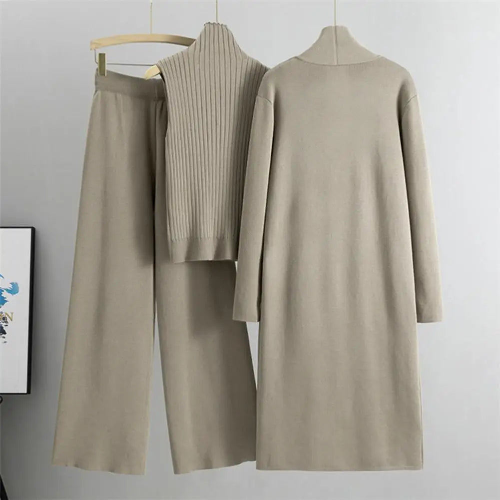 3 Pcs/Set Women Sweater Coat Vest Pants Knitted Turtle Neck Sleeveless Sweater Mid Length Cardigan Fall Winter Two Pieces Set