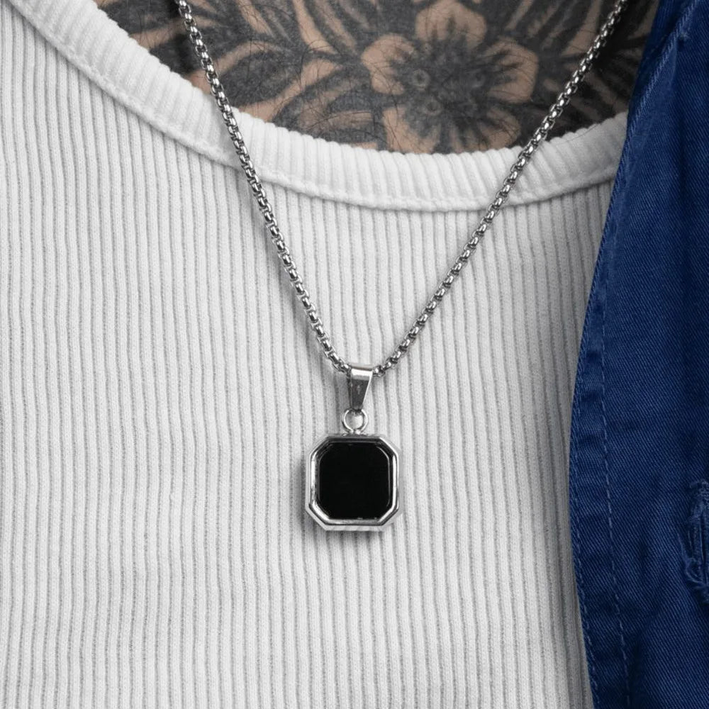 Stylish Men's Black Enamel Necklace,Siver gold Geometric Square Small Dogtags Necklace,Anniversary Birthday Father Gift