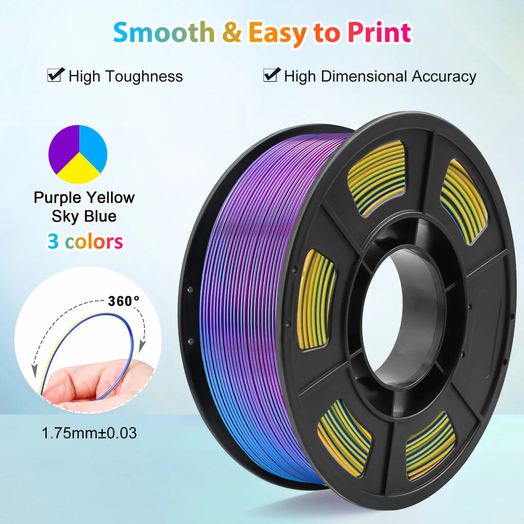 Tricolor Silk PLA 3D Printer Filament, 1.75mm Multicolor 3D Printing Filament, Purple&Sky Blue&Yellow Filament, 250g (0.55lbs)