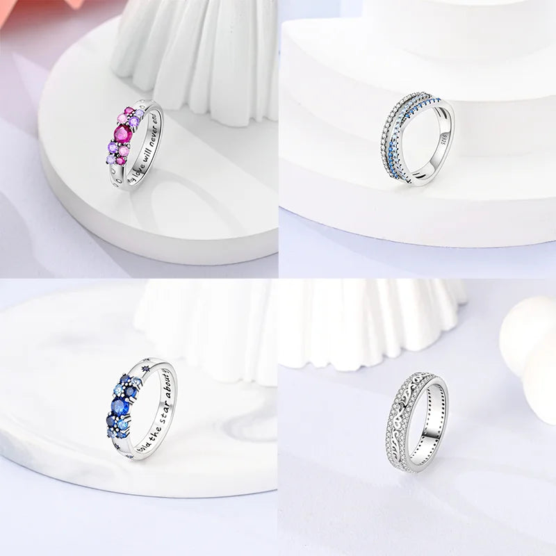 925 Sterling Silver Rings For Women Original Wedding Engagement Gifts Stackable Star Moon Heart Flower Ring