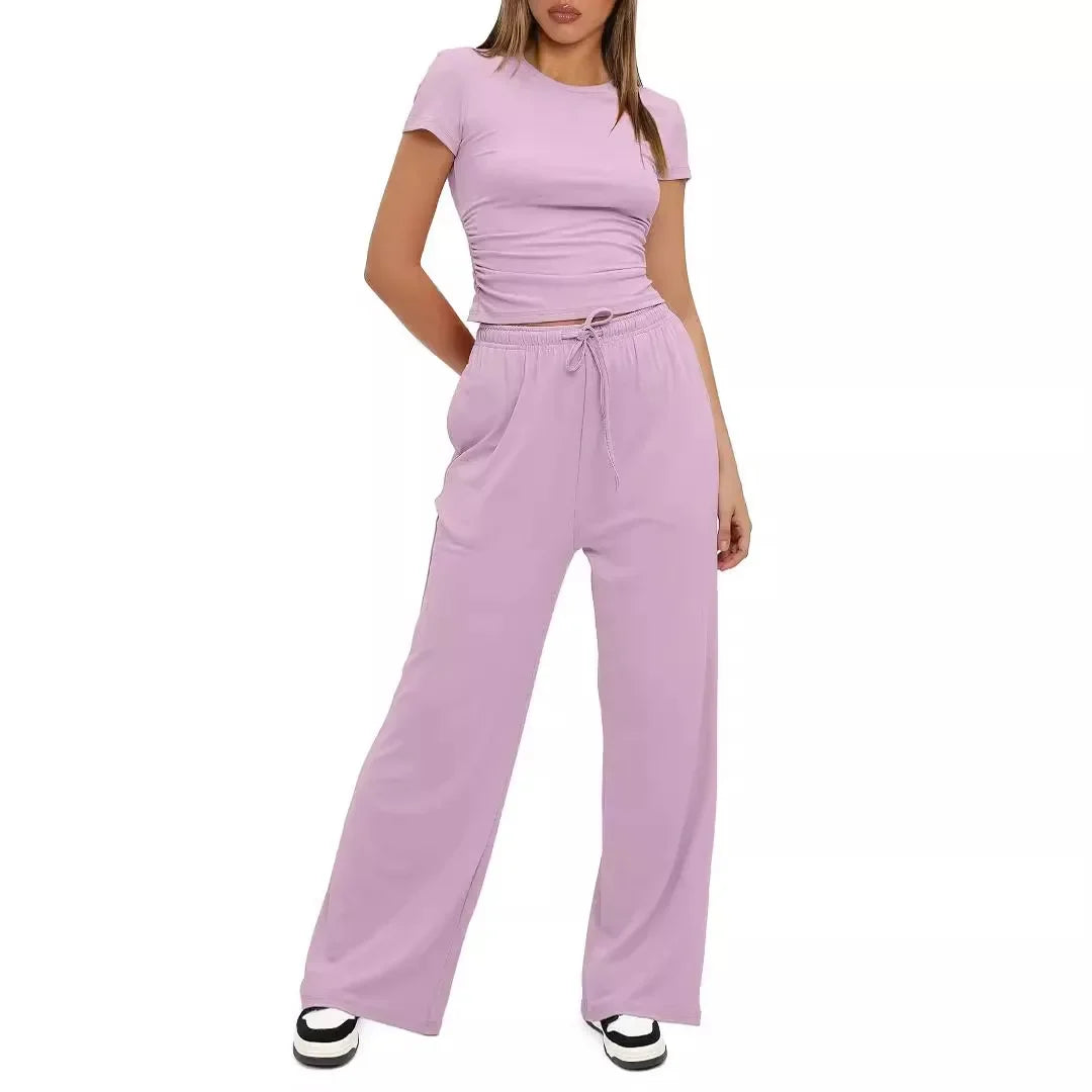 Women's Casual Suit 2-Piece Set High-Waisted Bell Bottoms Short Sleeves Top Sportswear From China Mainland