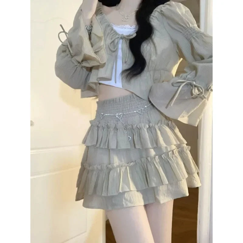 Cropped Top Cake Skirt Three-Piece Set Autumn New Arrival Tankvest Flower Edge Dress In China
