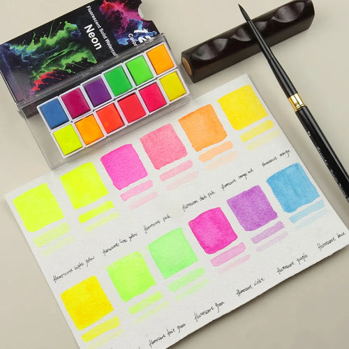 12 Fluorescent color solid watercolor paint Portable neon watercolor pigments Hand-painted Art lovers professional painting tool