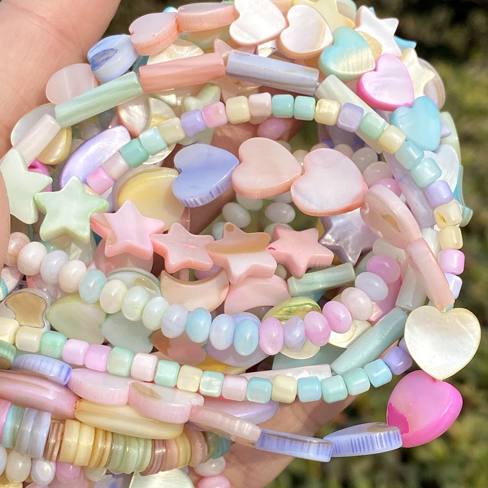 Natural Macaron Shell Beads Love Hreat Star Moon Cube Flat Round Loose Spacer Beads Crafts for DIY Jewelry Bracelet Making 15”