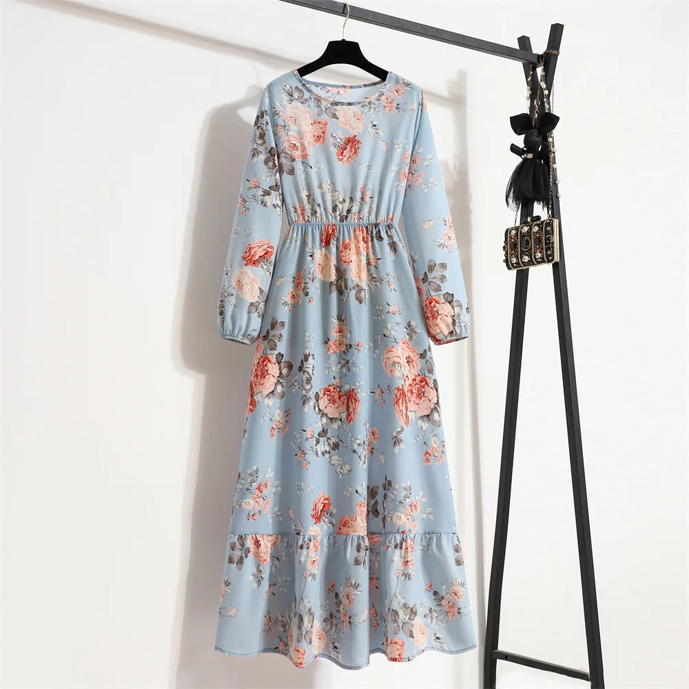 Long Dress Full Sleeve Bohemian High Waist Chiffon Dresses Floral Maxi