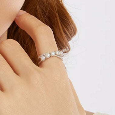 BAMOER 2025 New 925 Sterling Silver Infinity Pearl Ring, Dainty Double Layer Gold Plated Thumb Ring Wedding Engagement Jewelry