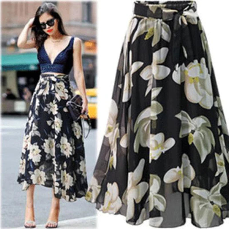 Womens Plain Knee Length Soft Stretch Flared Printed Skater Midi Skirt Floral stripe Boho