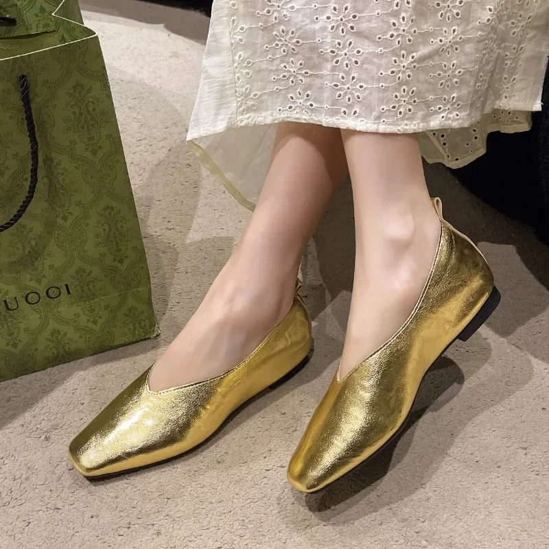 Loafers Genuine Leather Luxury Shoes Flats Silver Heels Gold Pumps Square Toe Elegant Mary Janes Shoes For Women