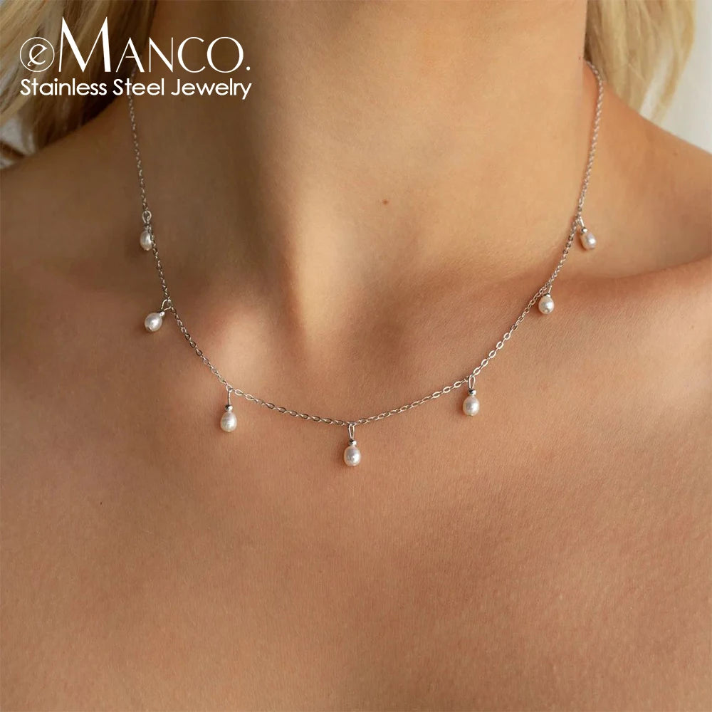 Multiple Small Pearl Dangle Necklace Gold / Silver Color Simple Chain Daily Gift