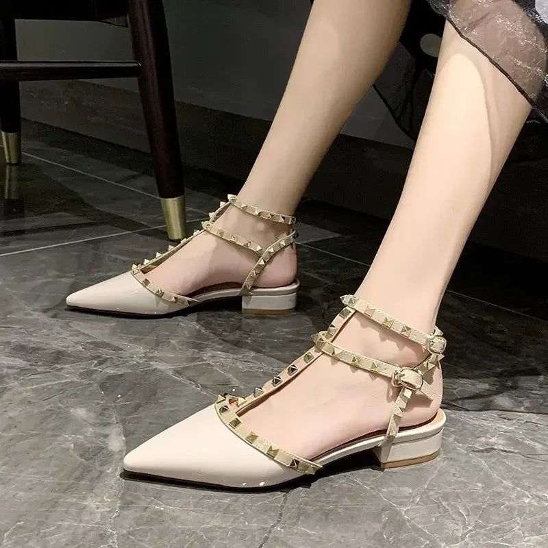 Summer High-heeled Sandals Fashion Shoes Design Pointed Rivet Red Woman Large Size 34-40