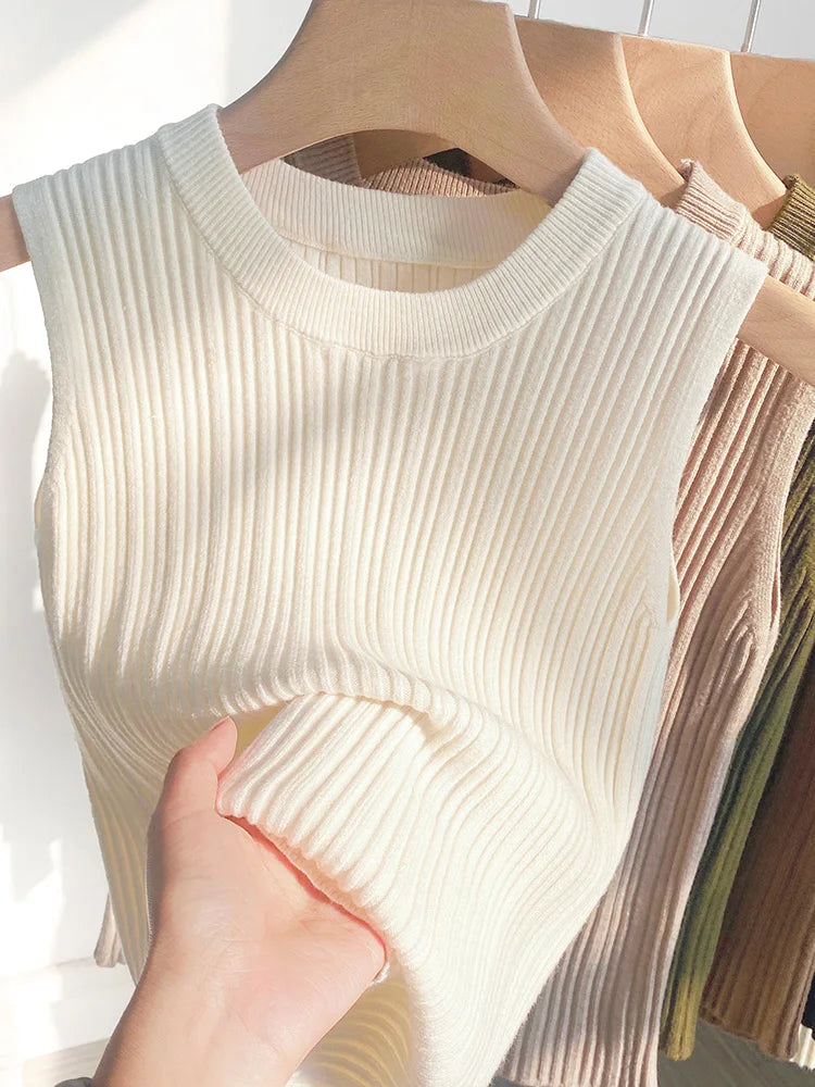 Knitted Vests Women Top O-neck Solid Tank Blusas Y2K Summer New Fashion Female Sleeveless Casual Thin Tops