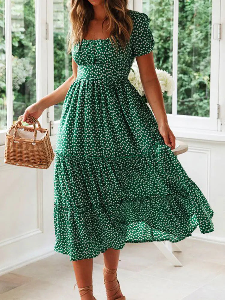 Vintage Print Puff Sleeve summer Beach ditsy dress Casual floral maxi long