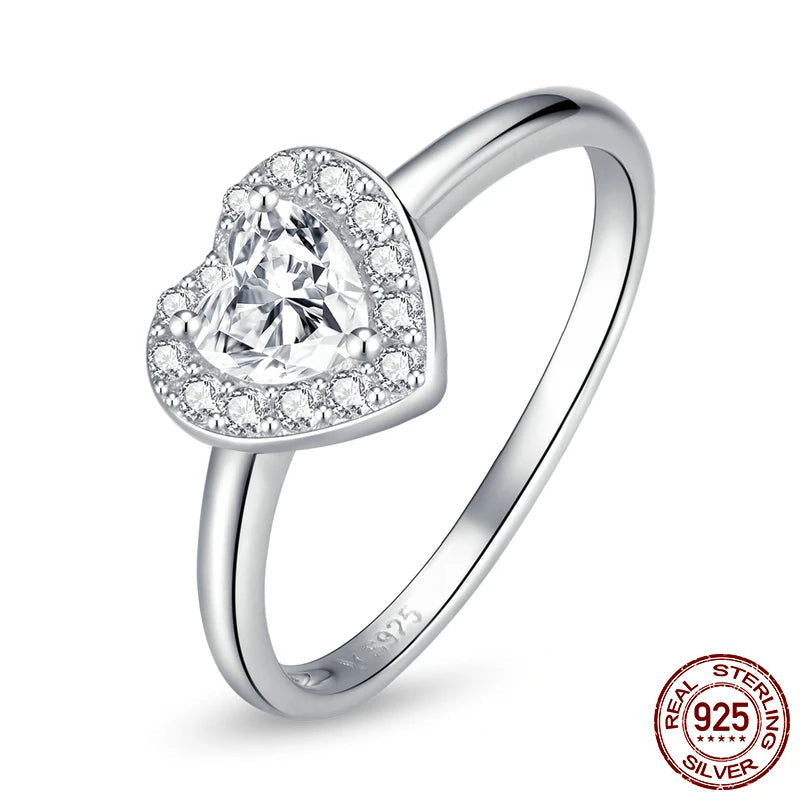 BAMOER 925 Sterling Silver Bright Love Ring Dazzling Shiny Heart Shape Crystal Finger Ring Wedding Engagement Jewelry SCR725