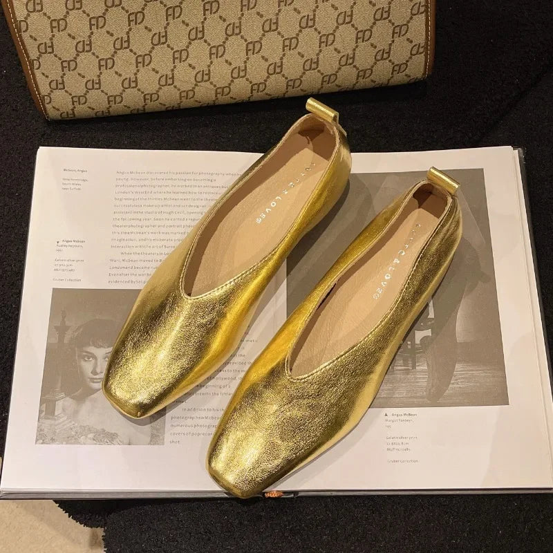 Loafers Genuine Leather Luxury Shoes Flats Silver Heels Gold Pumps Square Toe Elegant Mary Janes Shoes For Women