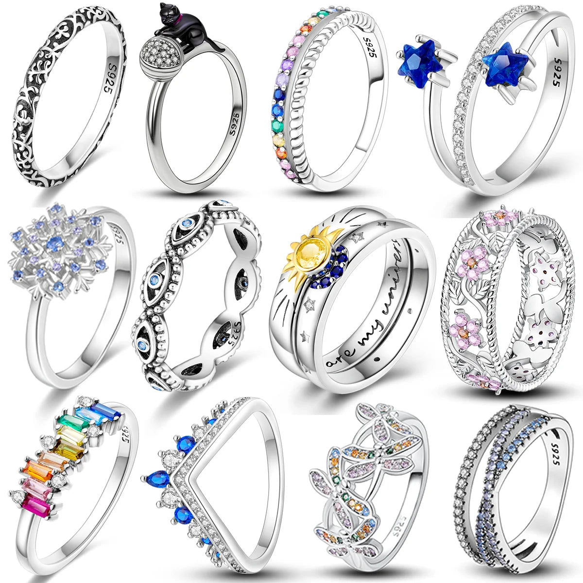 2024 Trendy Finger Ring Real 925 Silver Rings Sparking Zircon Butterflies Ladybugs Angel Wings Ring Popular Women Rings