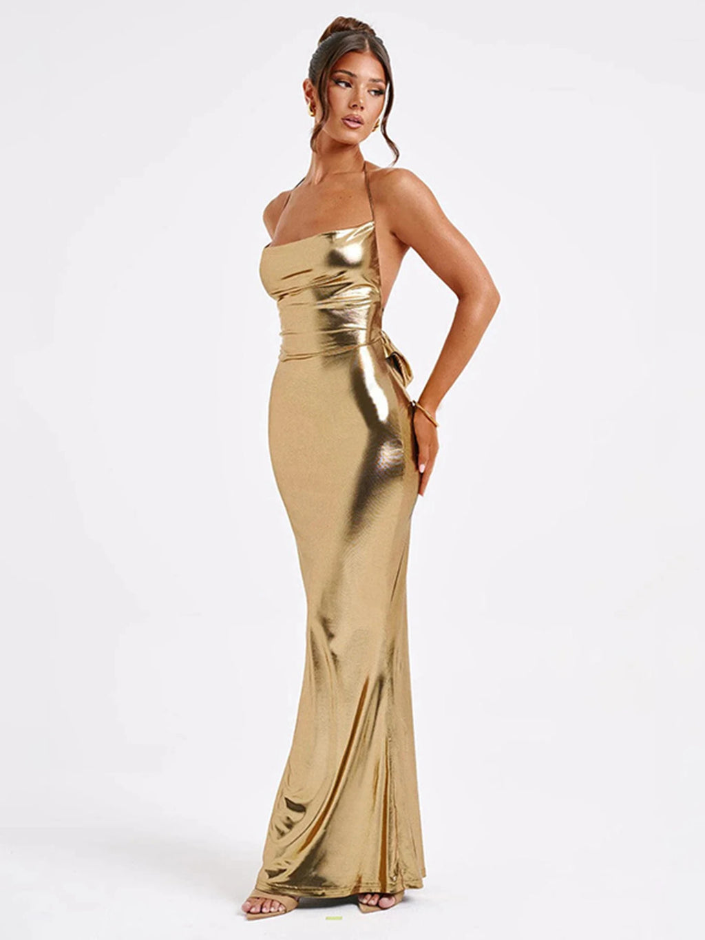 Strappy Club wear Sexy Backless Sparkly Halter Bandage Long Dress Slim Solid Off Shoulder Lady Clothing Streetwear