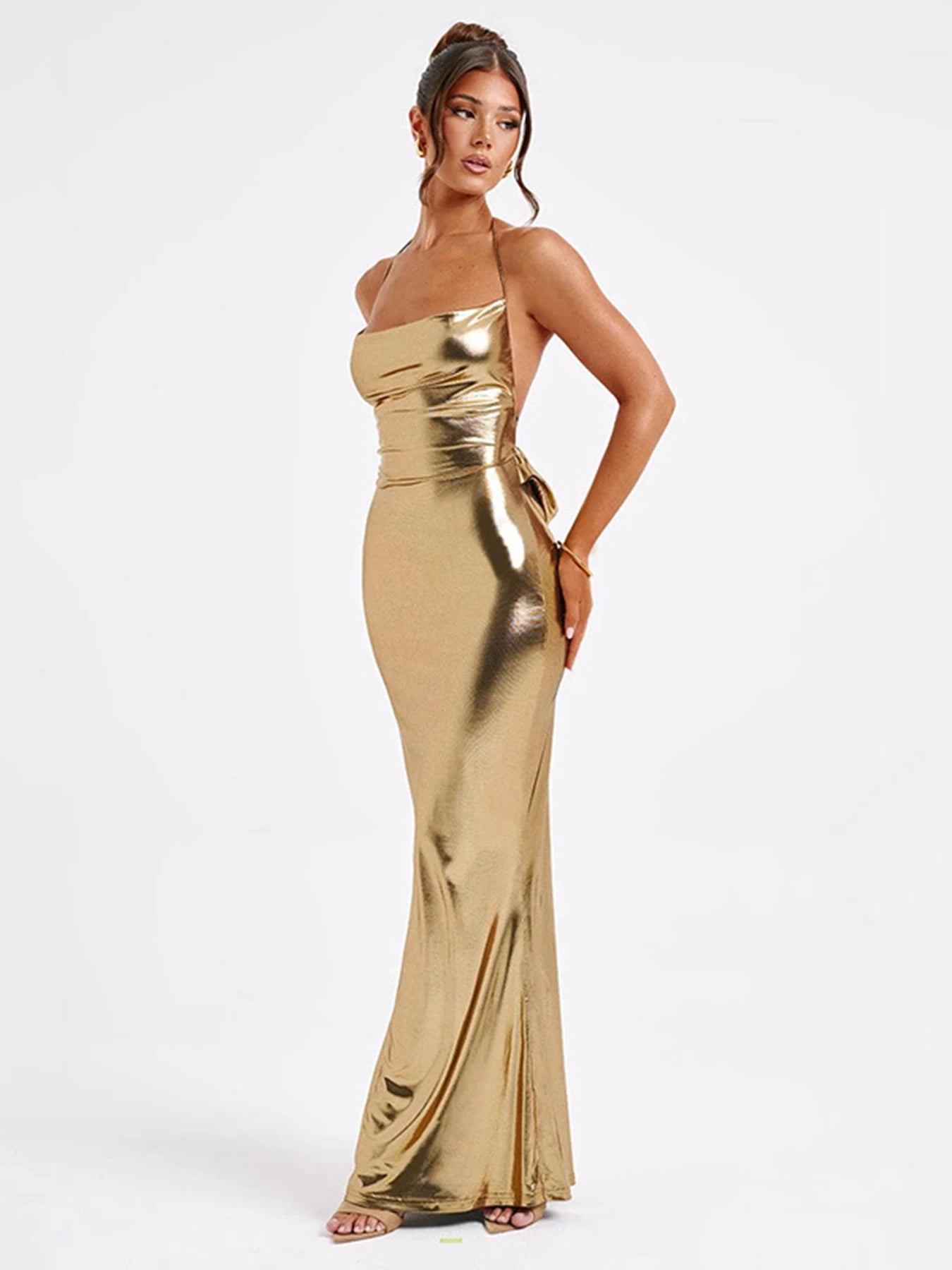 Strappy Club wear Sexy Backless Sparkly Halter Bandage Long Dress Slim Solid Off Shoulder Lady Clothing Streetwear