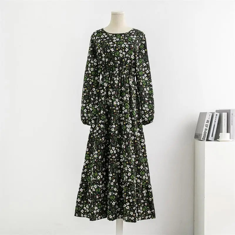 Chiffon Dress Casual Floral Printed Long Dresses Long Sleeve Loose Muslim Maxi