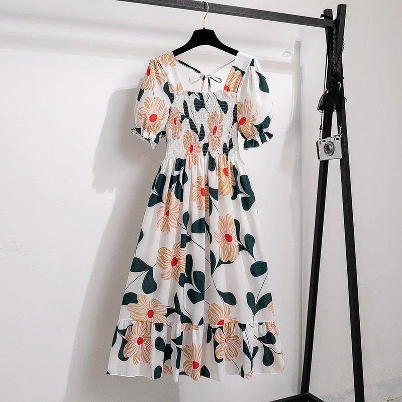 Chiffon Dresses Fashion Female Elastic Waist Short Sleeve Pleated Casual Dress Women A-line Dresses Vestidos