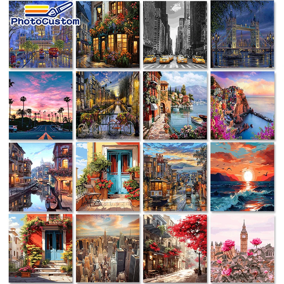 Brushstroke  frameless City Landscape Painting By Numbers For Adults DIY Kits HandPainted On Canvas With Framed Oil Picture Draw